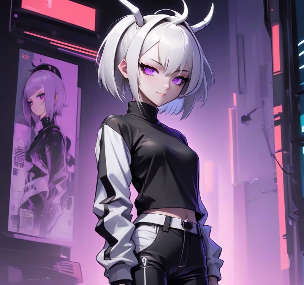  anime artwork a girl in black tight pants and a white long sleeved top standing sideways. long black straight forehead horns in the style of manga, with a short white haircut in the style of cyberpunk. purple eyes. he smiles viciously. white skin . anime style, key visual, vibrant, studio anime, highly detailed