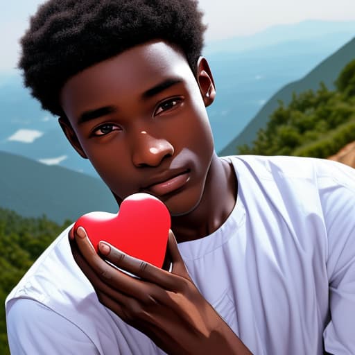  Fair skin Ghanaian boy holding a heart in his hands on a mountain