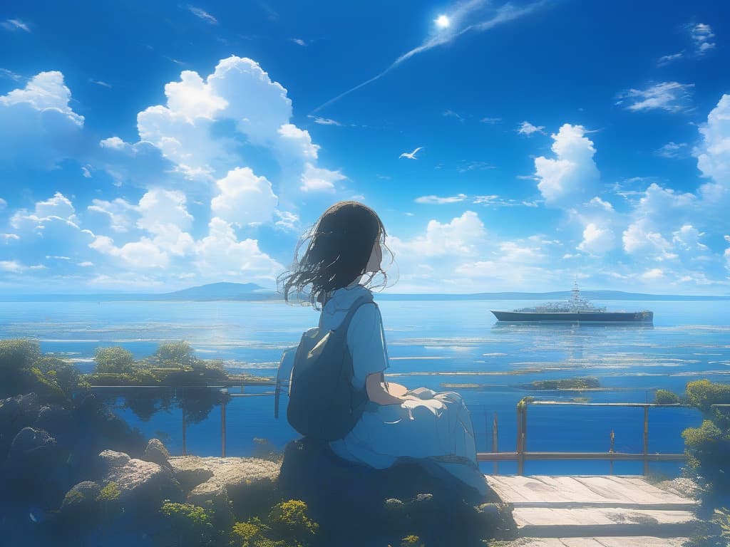  blue sky, high place, one girl, sitting, wide sky, blue sky, sun, sea, single