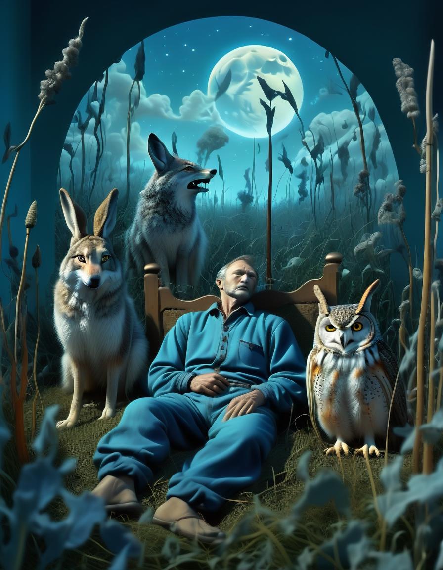  (double exposure, layering:1.4). (a cozy room, a man sleeps for 20 years in pajamas:1.4). he (in a huge mental bubble with uneven edges) dreams (a dream) about two hares in ((russian clothes)) who (hold the scythe down with the blade to mow the grass:1.5) in a clearing in a forest with blue aspen and oak trees, (in the hands of hares a high steel scythe:1.5). (hares mow the tall grass and sing:1.4). (a wolf and an owl look out in a dream:1.6) because of the blue bushes on hares. (cartoon style:1.3). fabulous, magical, transformative, unreal, fantastic, surreal. inspired by salvador dali and hieronymus bosch, the style of oil painting, intricate details, bright colors., sticker