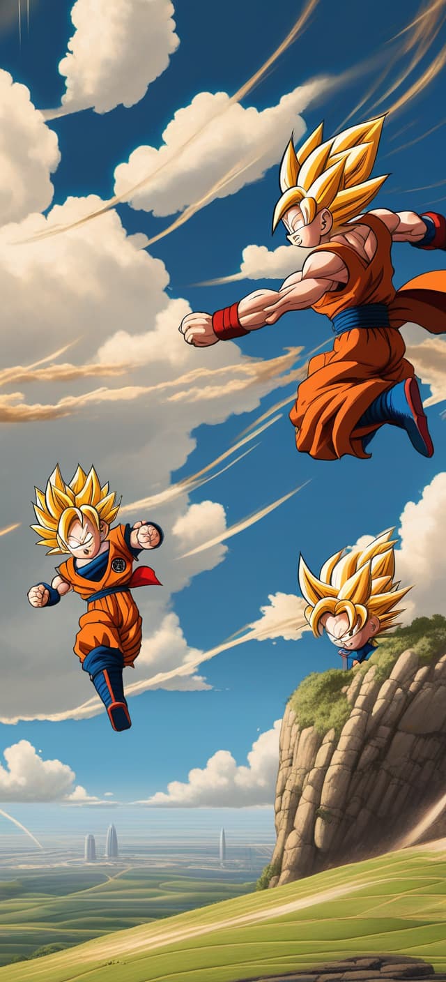  (surrealism style), son goku hitting saitama with a punch in the sky while they are flying