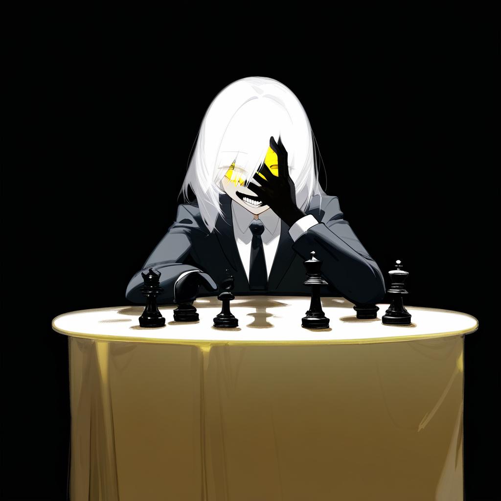  long white hair anime woman with shadows completely concealing face with the exception of evil empty white teeth smile on her face and only a hardly visible singular yellow eye, leaning on one hand with arrogance,jet black suit, black tie, sitting in front of a table with a chess set on it, no visible facial features due to blackness covering face full of shadows on face. black all over face, no visible features, just a jet black face with a small gleam of a yellow eye and white teeth . best quality, high resolution