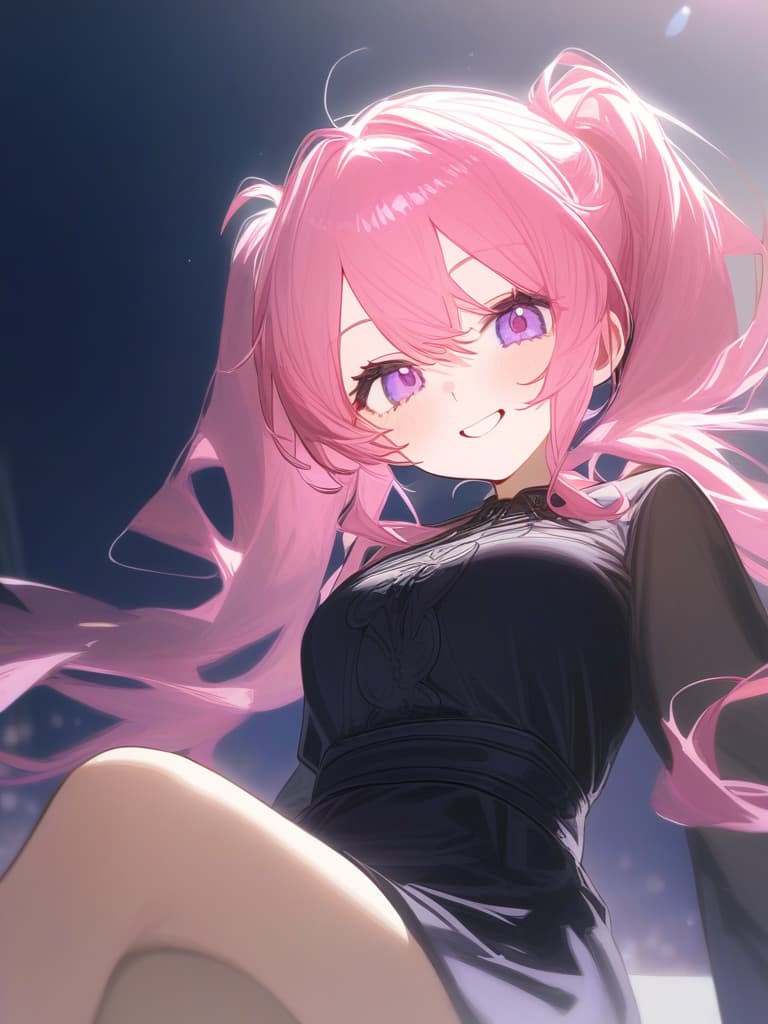  girls, cute, loose twin tails, smiles, pink hair, purple eyes, black dress like clothes, front