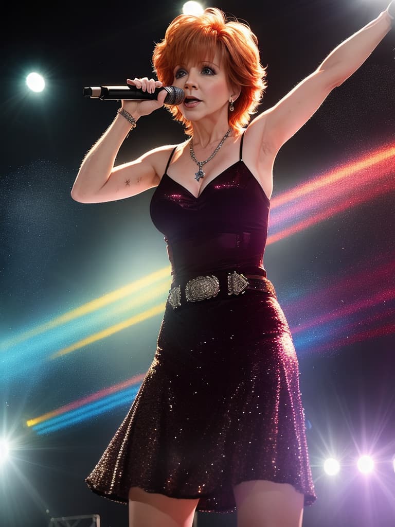  Country singer, Reba McIntyre, on stage, medium shot, upper body, spotlight, long exposure lighting, street art style spray paint, glamour lighting