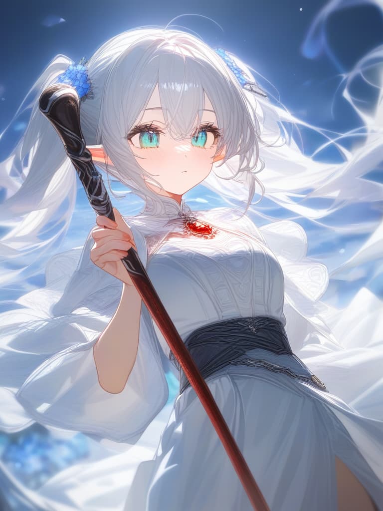  white hair, twin tails, elf, white robe, red jewel magic cane, blue green eyes, light blue flowers, masterpiece, best quality,8k,ultra detailed,high resolution,an extremely delicate and beautiful,hyper detail