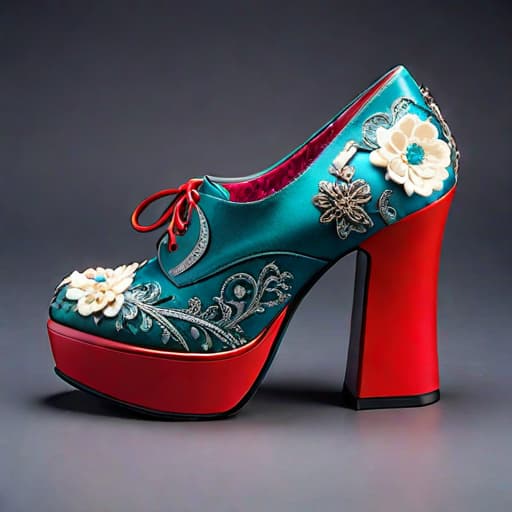  Create a photorealistic digital illustration of a whimsical design women’s shoe with balanced parts, ornate soles, 8 centimetre height platform heel, and covered in soft, luxurious textured materials. The art style should blend elements of Irregular Choice, Tim Burton and Osamu Tezuka hyperrealistic, full body, detailed clothing, highly detailed, cinematic lighting, stunningly beautiful, intricate, sharp focus, f/1. 8, 85mm, (centered image composition), (professionally color graded), ((bright soft diffused light)), volumetric fog, trending on instagram, trending on tumblr, HDR 4K, 8K