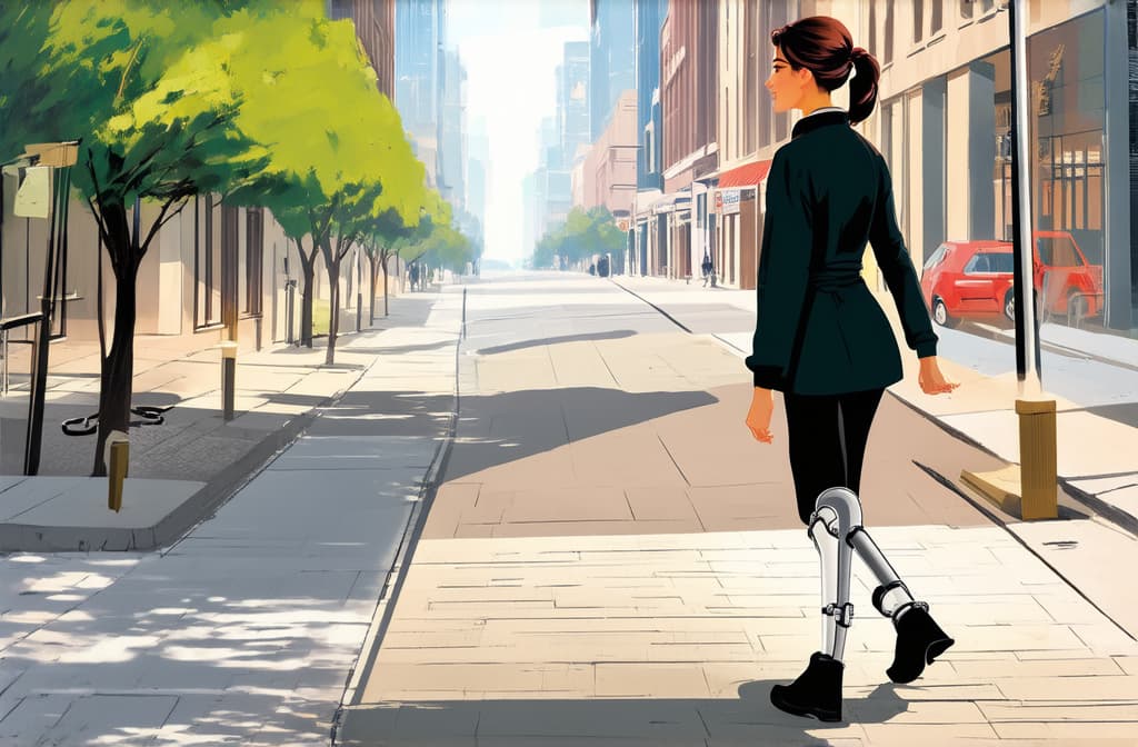  flat illustration, flaticon, (illustration:1.15), a woman with a prosthetic leg walks along a city sidewalk ar 3:2, [cory loftis, strobist, pascal campion :: 0.2]