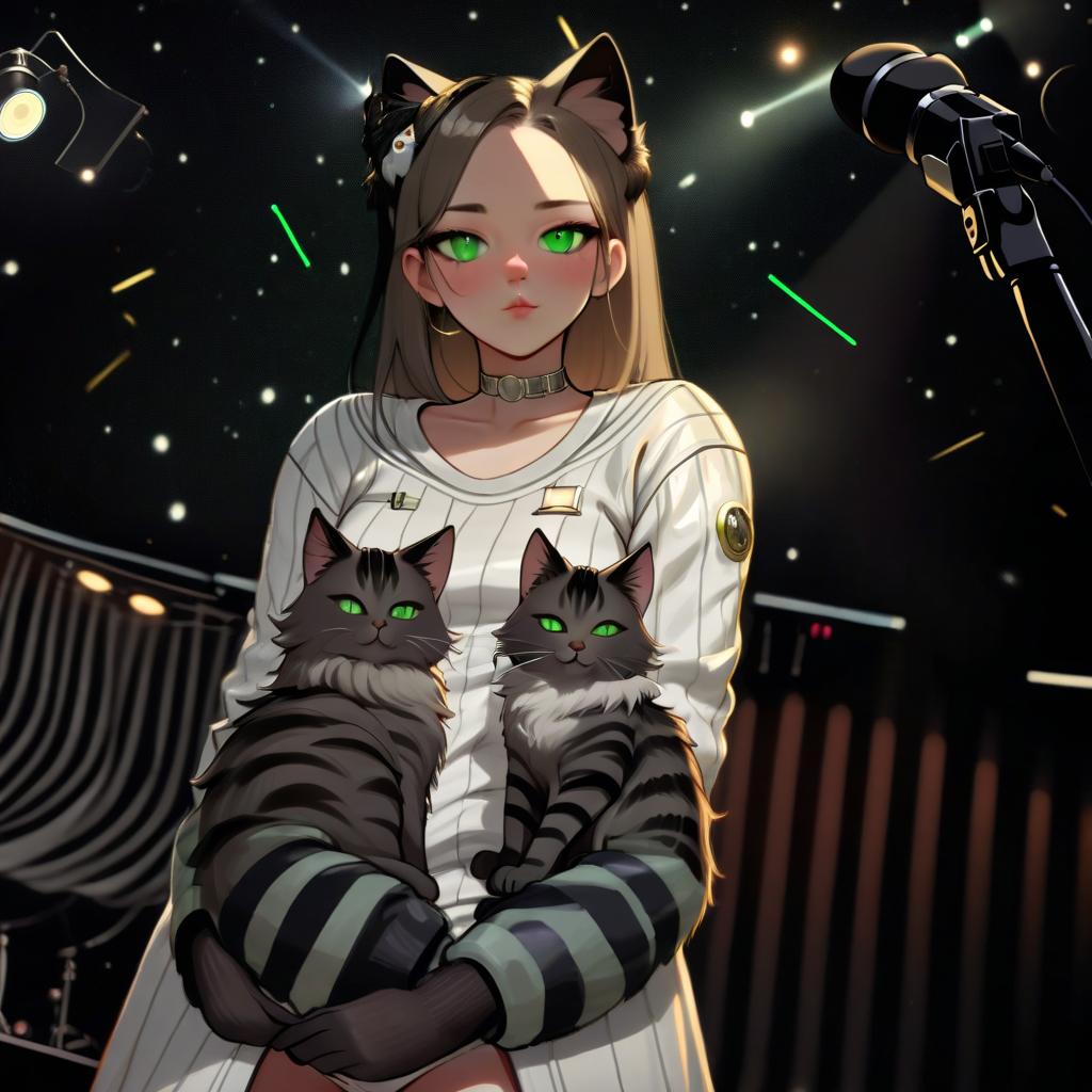  girl with dark green eyes, two furry striped cats, space, spotlights, view from the stage, microphone, music, royal grace