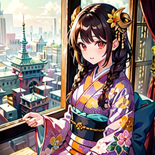  master piece , best quality,fragile girl, kimono, brown hair, red eyes, braids, dragon god