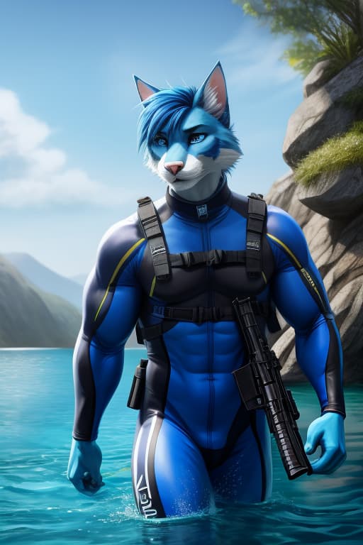  Cat anthro, Male, Big muscles, Royal Blue fur, Royal Blue hair, neon Blue eyes, Skintight neoprene suit, water, tactical gear, diving gear, rifle, open eyes, digital art, masterpiece, 4k, fine details,