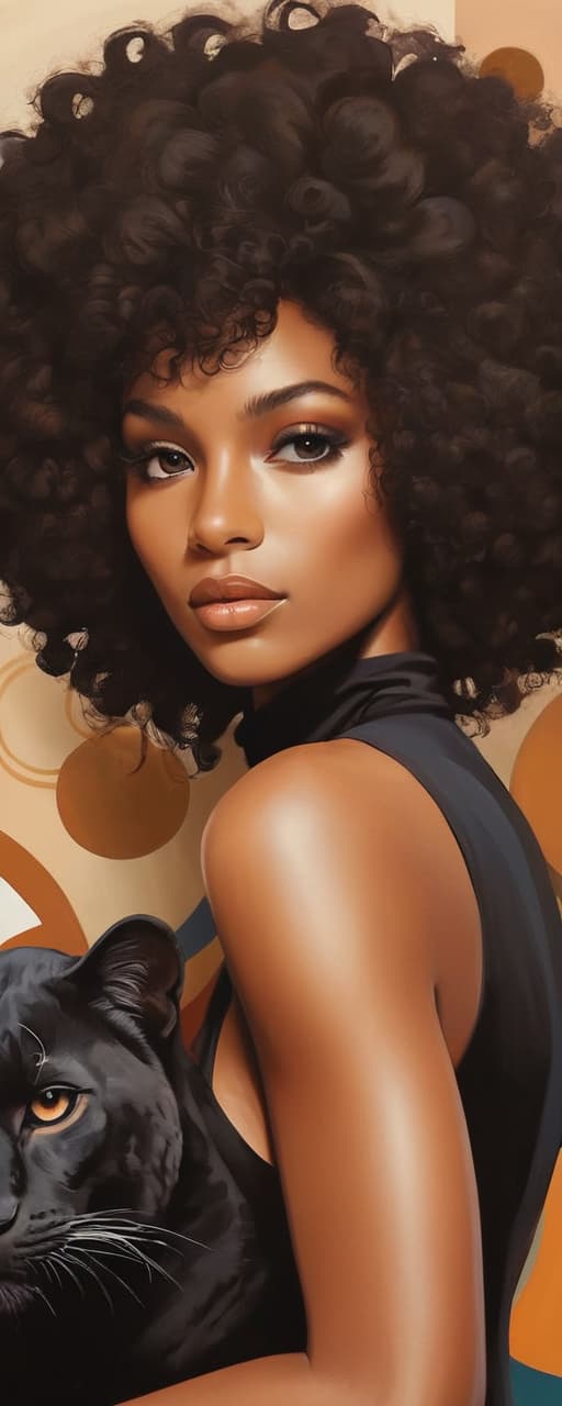  minimalism, a beautiful african woman with brown skin. with an afro. she wears a flowy black outfit. she is resting with a panther. a retro brown 70s flower design is in the background. a minimalist painting, abstract, simple geometic shapes, hard edges, sleek contours, minimalism