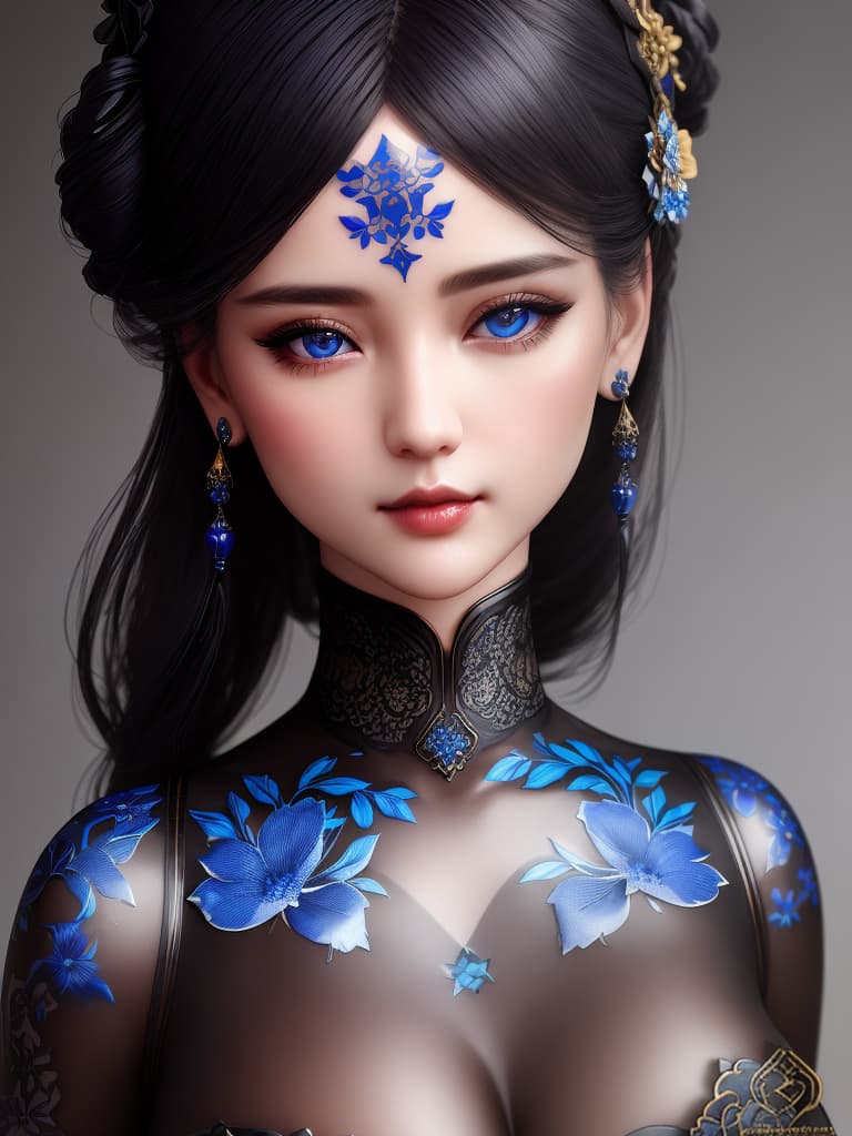  Close-up porcelain female figurine, looking to the camera, glossy surface, glaze, shiny, blue floral tattoos on her, dark gradient background, baroque dark style, hyperrealistic, CG society, intricate details