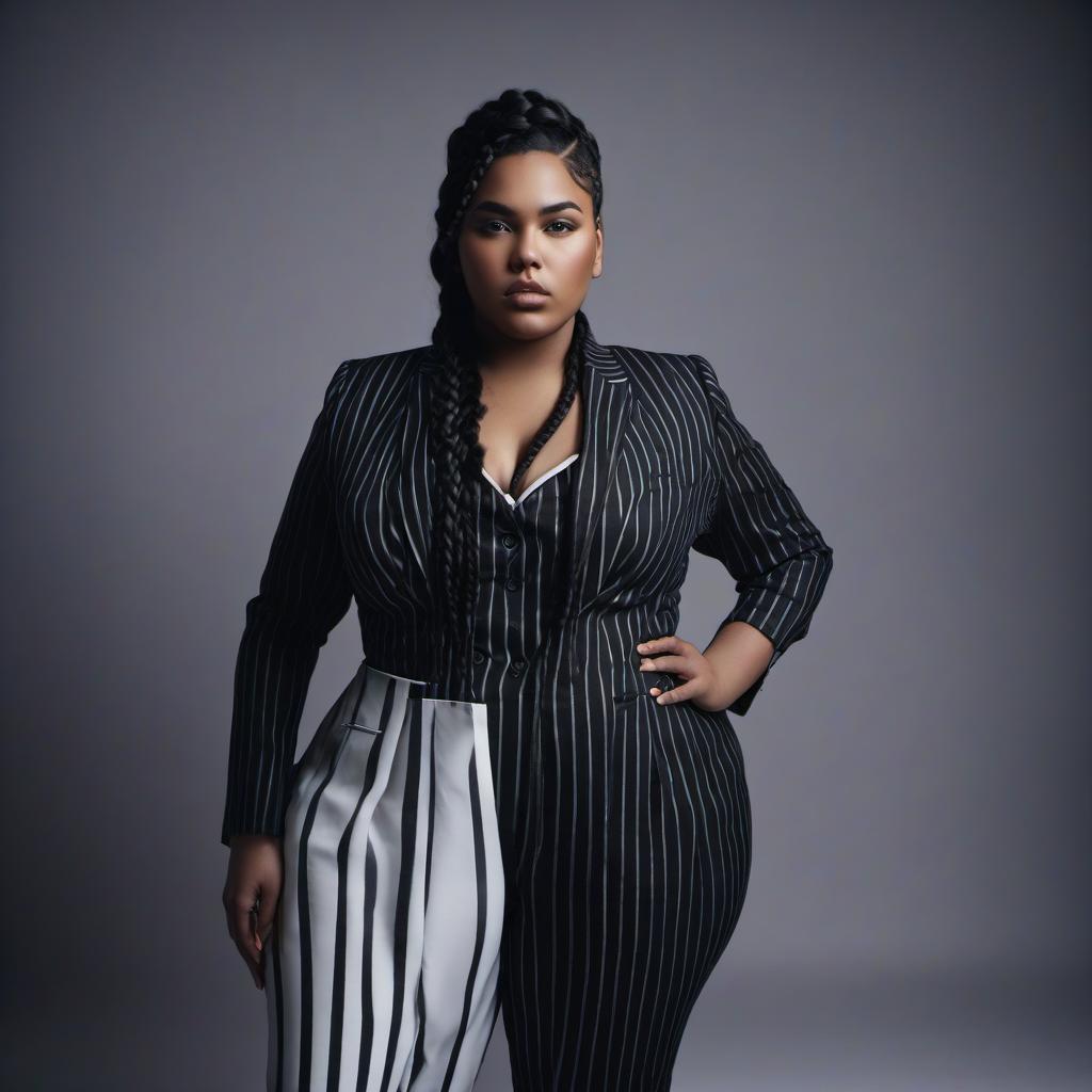  cinematic photo a large girl in a black suit with a huge bust, with braids of black hair, black striped trousers with large hips model . 35mm photograph, film, bokeh, professional, 4k, highly detailed