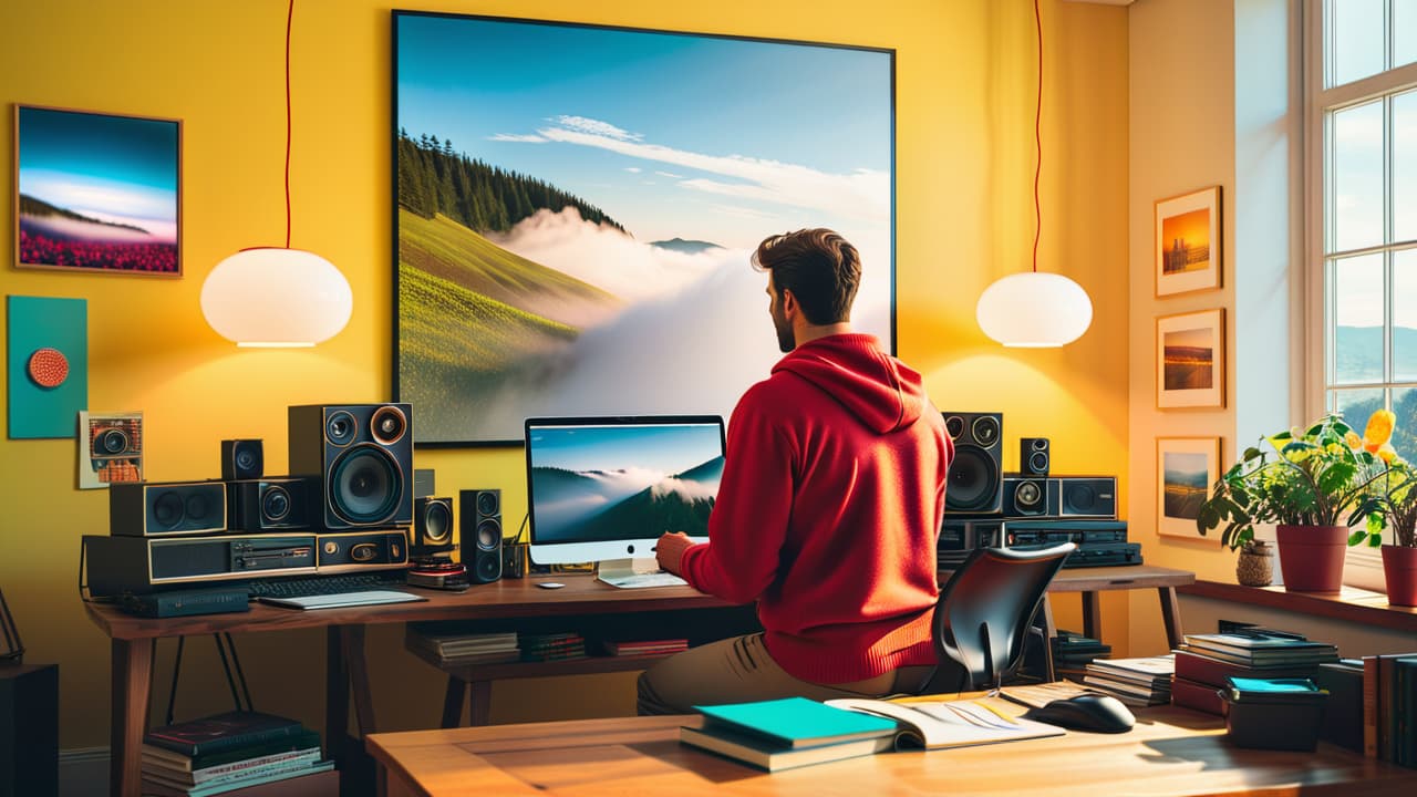  a vibrant workspace featuring a photographer editing stunning stock images on a sleek computer, surrounded by colorful prints of diverse subjects, a camera resting nearby, and a sunlight filled room that conveys creativity and productivity. hyperrealistic, full body, detailed clothing, highly detailed, cinematic lighting, stunningly beautiful, intricate, sharp focus, f/1. 8, 85mm, (centered image composition), (professionally color graded), ((bright soft diffused light)), volumetric fog, trending on instagram, trending on tumblr, HDR 4K, 8K