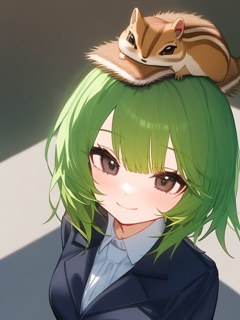  1girl,18yo,(((black high school uniform:1.5))),green hair, (((green graduated haircut hair:1.5))),(((very smile:1.3))),(((chipmunk on head:1.8)))