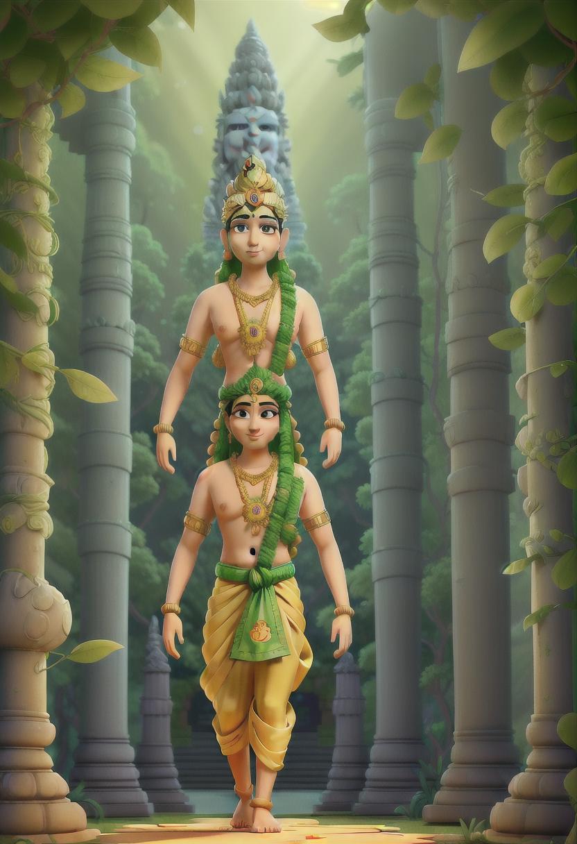  an animated depiction of lord venkateswara in a divine, serene landscape. he is shown walking towards the tirumala hills, with lush greenery, ethereal light, and the temple in the background, blending realism with a cartoonish style. the deity is calm yet majestic, dressed in traditional attire with golden ornaments."