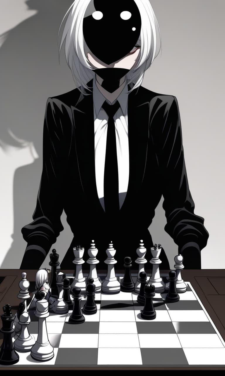  white hair anime woman with shadows hiding face, sitting in front of a table with a chess set on it,an evil smile on her face and only 1 eye is visible