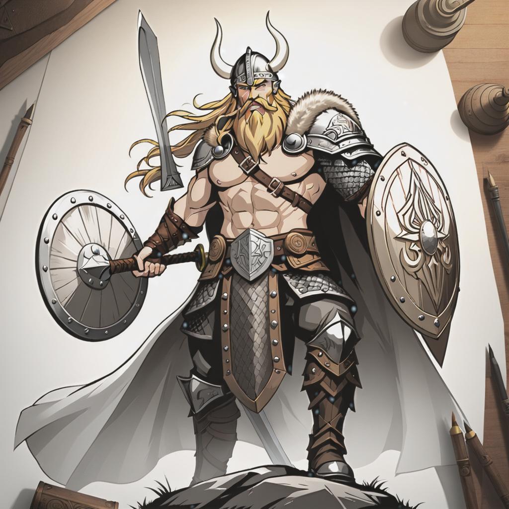  line art drawing viking wit sword and shield, anime style . professional, sleek, modern, minimalist, graphic, line art, vector graphics hyperrealistic, full body, detailed clothing, highly detailed, cinematic lighting, stunningly beautiful, intricate, sharp focus, f/1. 8, 85mm, (centered image composition), (professionally color graded), ((bright soft diffused light)), volumetric fog, trending on instagram, trending on tumblr, HDR 4K, 8K