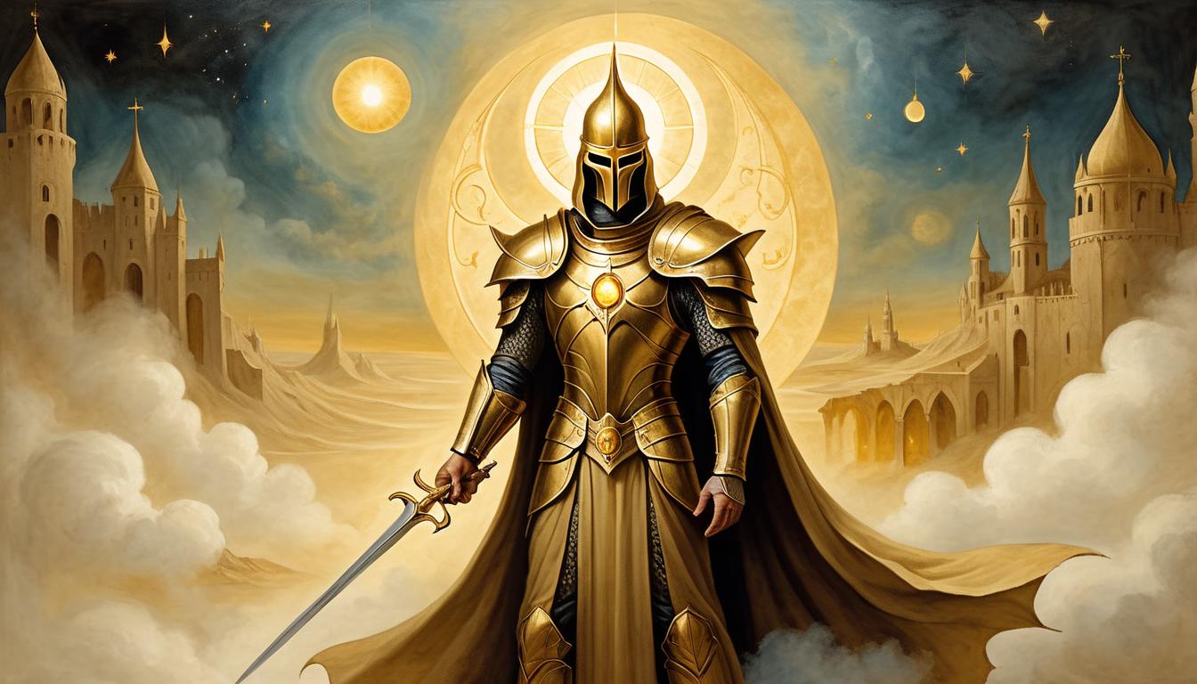  on parchment, surrealism+++, a serene figure standing in a protective, golden aura, armored in celestial light, vigilant, determined expression(mysterious, provocative, symbolic,muted color)+++