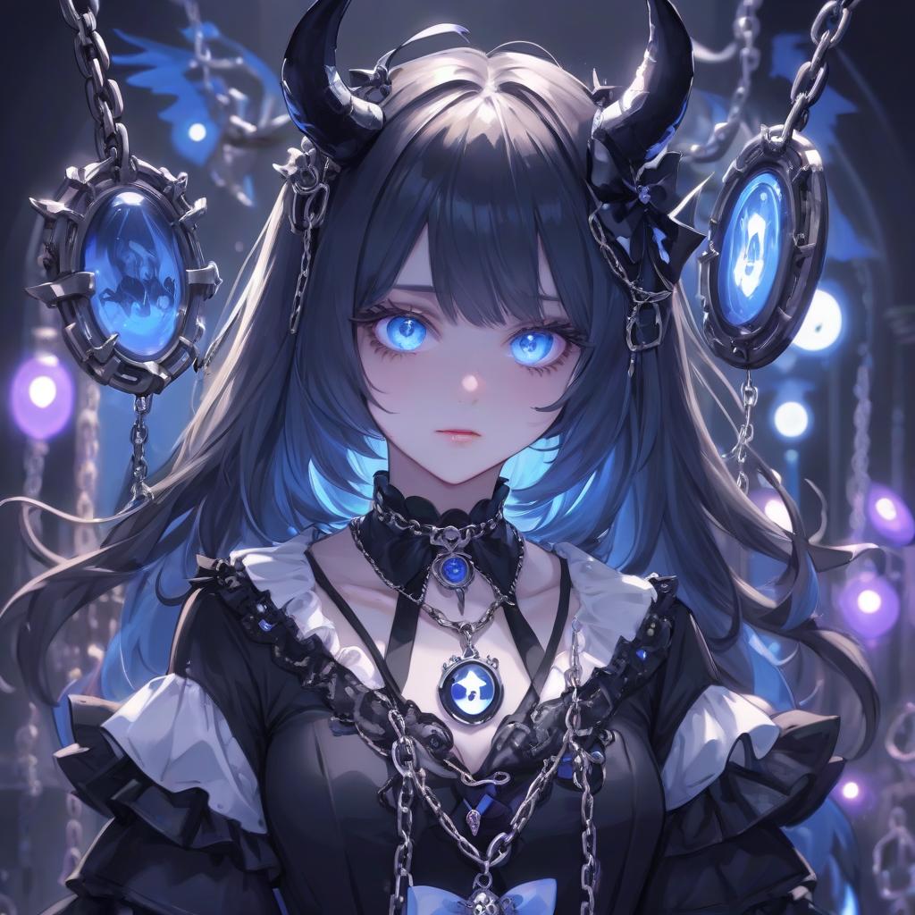  a girl with blue eyes holding a chain, pixiv contest winner, gothic art, discord profile picture, with glowing blue lights, demon black blue purple, portrait of magical lolita girl