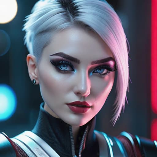  ultra realistic close up portrait ((beautiful pale cyberpunk female with heavy black eyeliner)), blue eyes, shaved side haircut, hyper detail, cinematic lighting, magic neon, dark red city, Canon EOS R3, nikon, f/1.4, ISO 200, 1/160s, 8K, RAW, unedited, symmetrical balance, in-frame, 8K hyperrealistic, full body, detailed clothing, highly detailed, cinematic lighting, stunningly beautiful, intricate, sharp focus, f/1. 8, 85mm, (centered image composition), (professionally color graded), ((bright soft diffused light)), volumetric fog, trending on instagram, trending on tumblr, HDR 4K, 8K