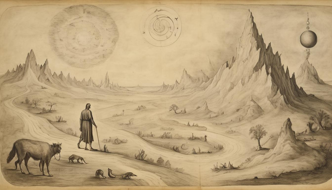  on parchment, surrealism++, astral landscape with figure walking steadfastly, distant divine light, perseverance, luminous(mysterious, provocative, symbolic)++