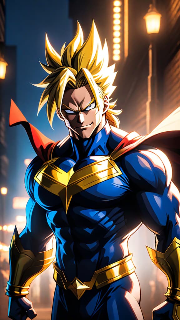  anime art: all might's presence radiates safety, yet darkness lurks in the shadows. hyperrealistic, full body, detailed clothing, highly detailed, cinematic lighting, stunningly beautiful, intricate, sharp focus, f/1. 8, 85mm, (centered image composition), (professionally color graded), ((bright soft diffused light)), volumetric fog, trending on instagram, trending on tumblr, HDR 4K, 8K