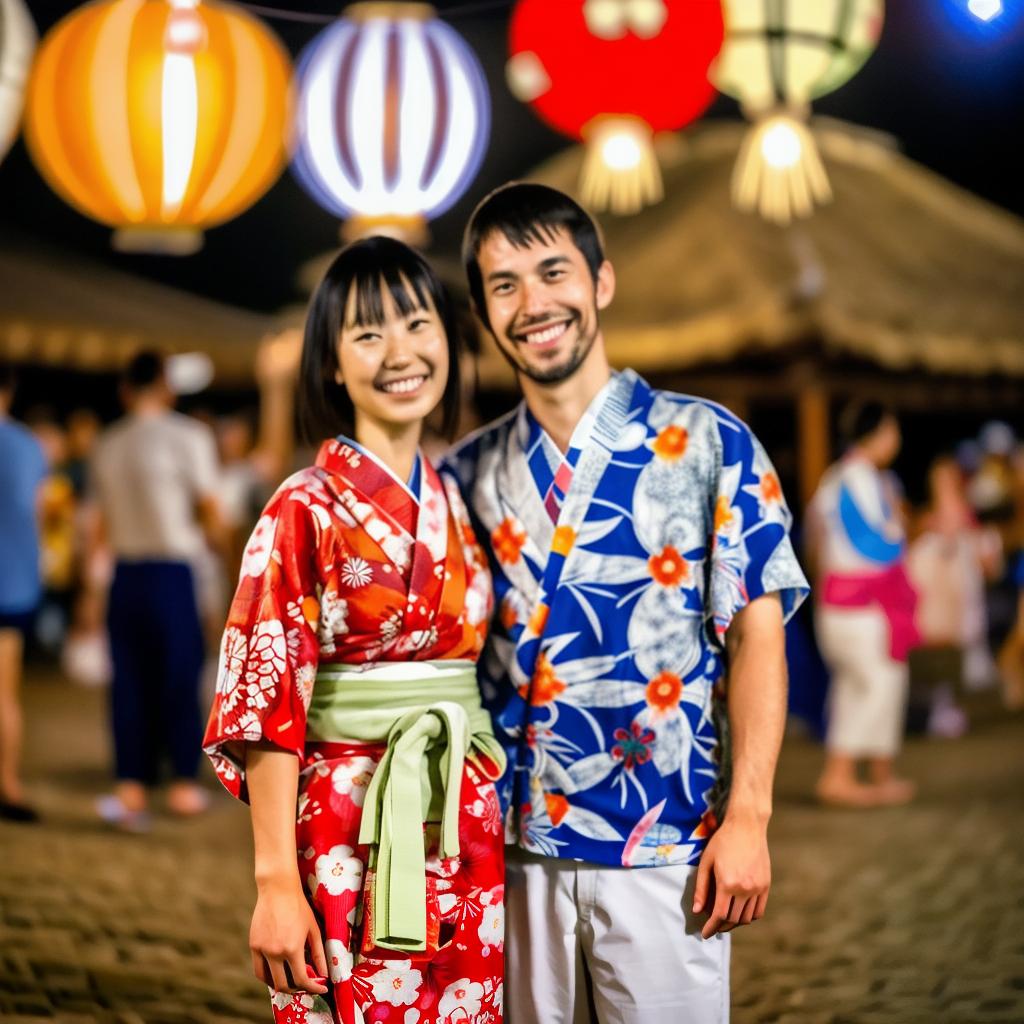  realistic, photo, masterpiece, high quality, 4k, hdr,a couple wearing yukata enjoying a summer festival date under fireworks break yukata, traditional japanese summer kimono break couple standing close together, smiling break summer festival with fireworks display in the night sky