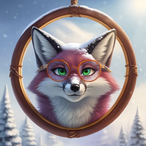  Purple Fox with green eyes and circle framed glasses on snow, open eyes, digital art, masterpiece, 4k, fine details,