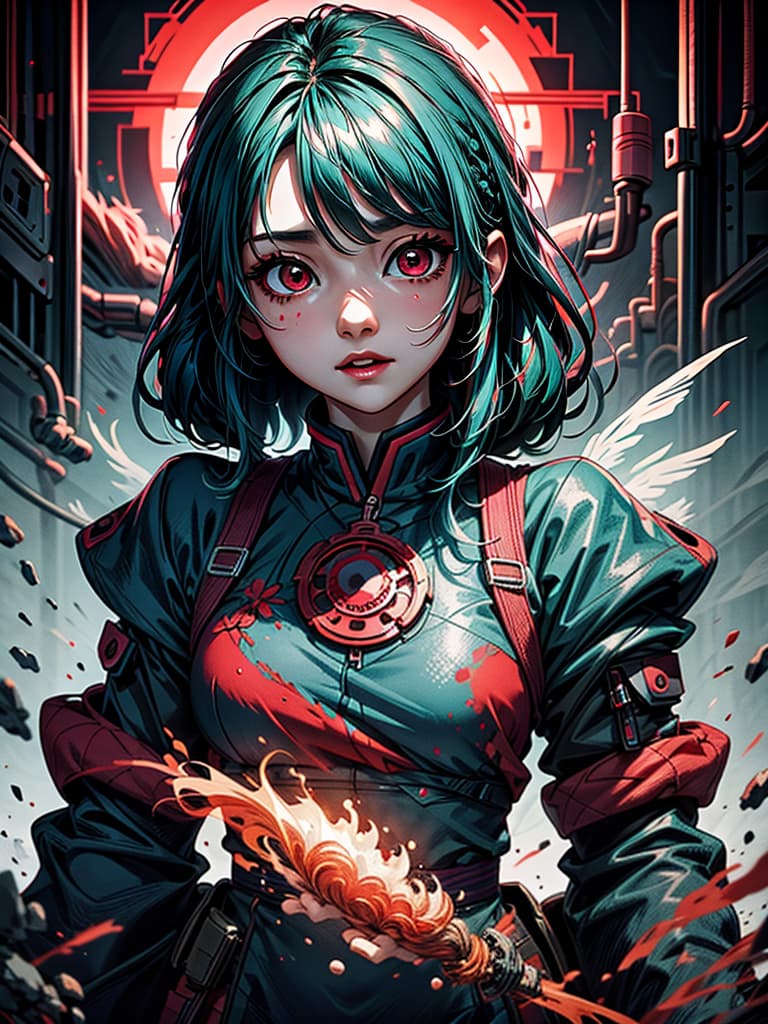  generate 23 yo korean young woman with turquoise hair, bloodstainai, horror, fear