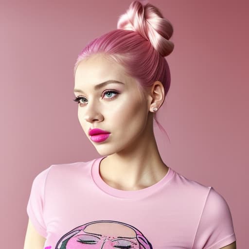  (--Style Photoralism, 16k) a close up of a woman with a pink shirt and a pink hair, pink shirt, pink lipstick, light pink lipstick, 🤬 🤮 💕 🎀, hair bun, ager , hyperrealistic , wearing a t-shirt, , beautiful makeup, hair tied in a bun, hair in a bun, updo, pink lips