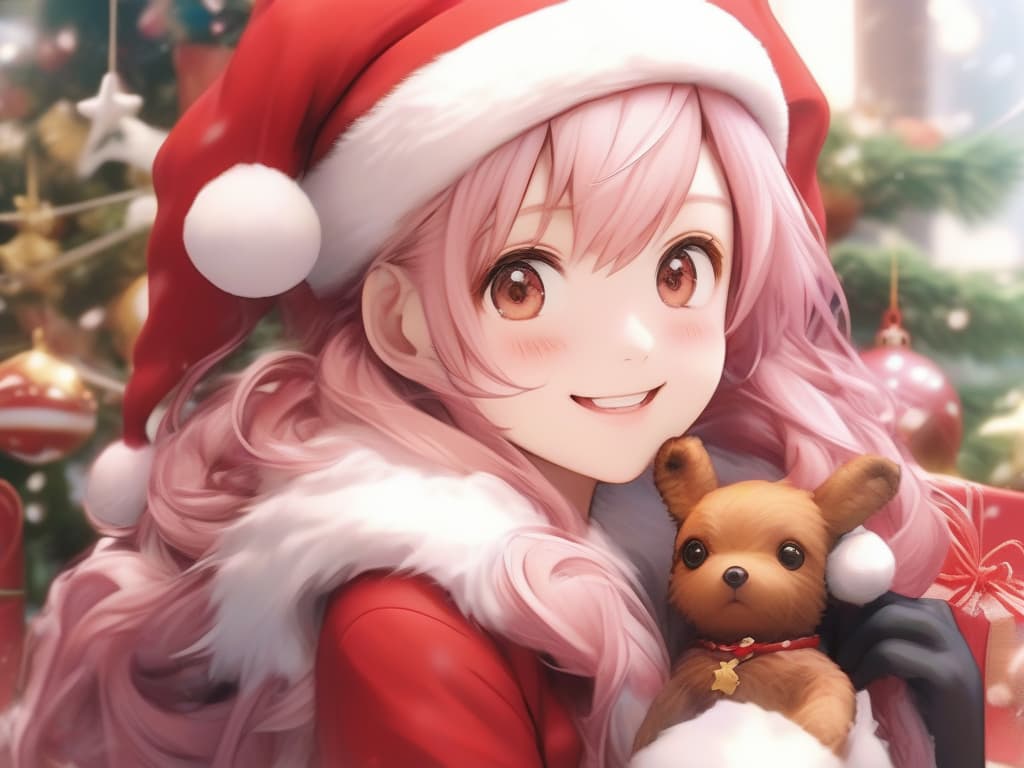  santa cosplay, girl, christmas, smile, cute, fluffy, pink hair, colored brown, masterpiece, best quality,8k,ultra detailed,high resolution,an extremely delicate and beautiful,hyper detail