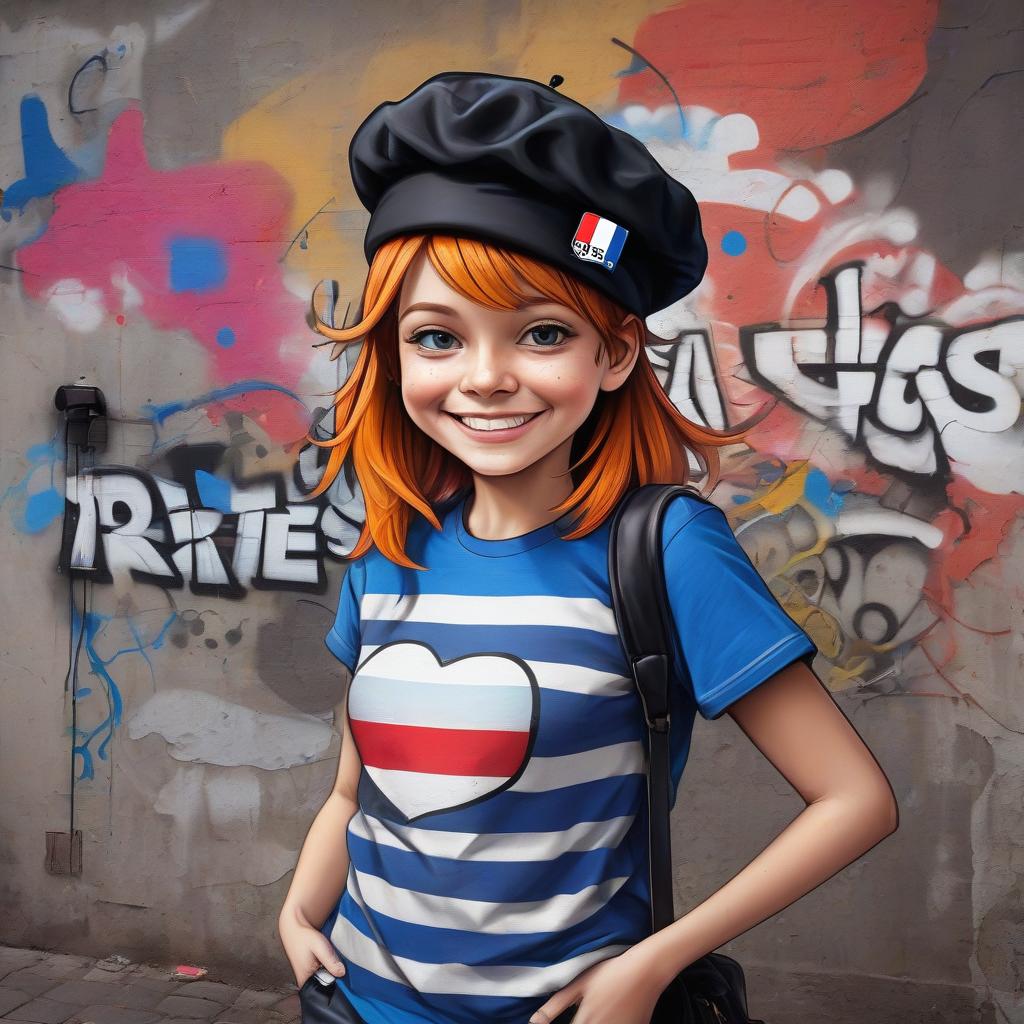  graffiti style minimalist logo, smiling face, cartoonish, striped t shirt, black beret, the inscription "tres bien", the colors of the flag of france . street art, vibrant, urban, detailed, tag, mural