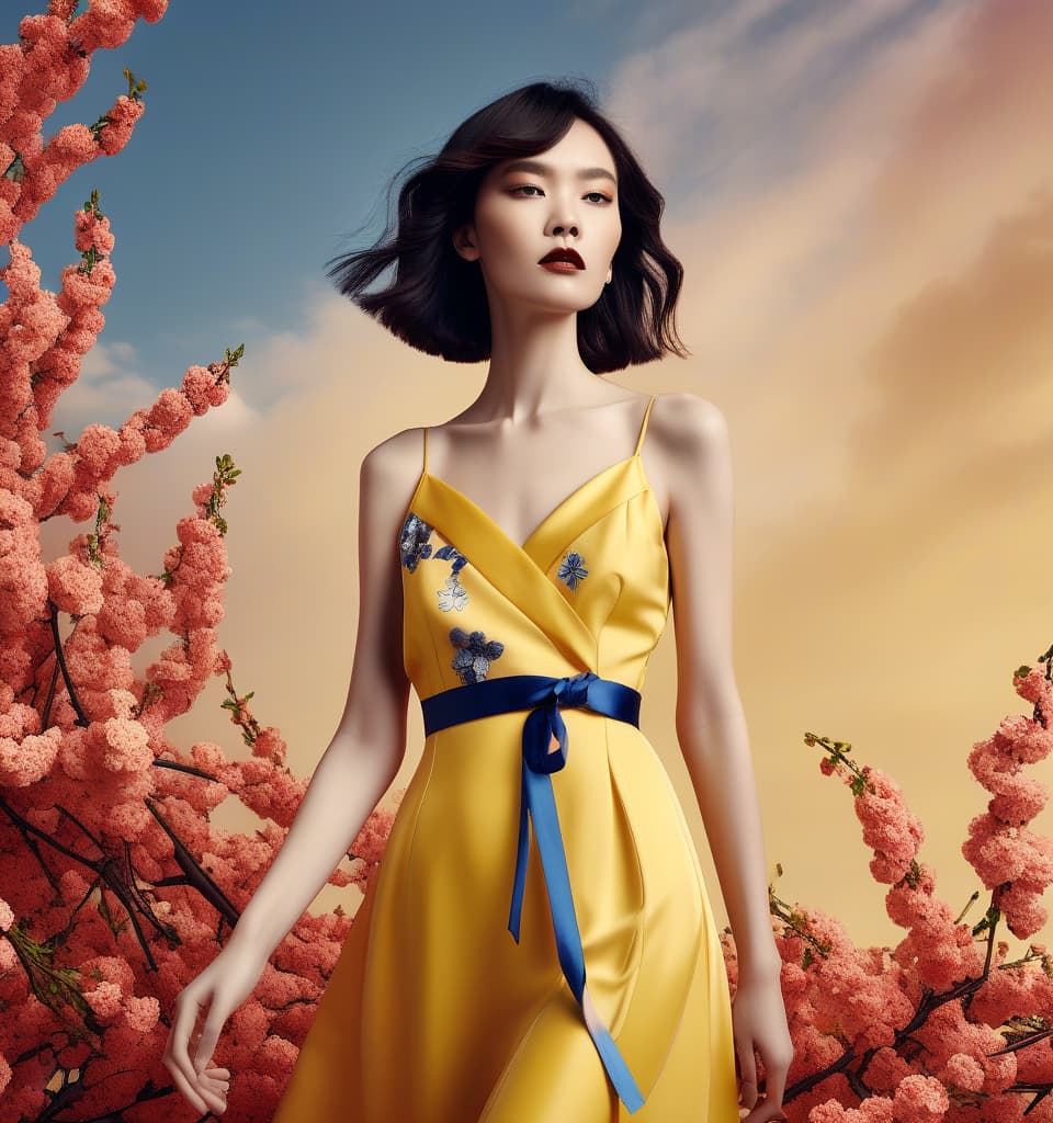  fashion editorial style red sky. cherry flowers, blue ribbons. yellow dress. yellow clothes. . high fashion, trendy, stylish, editorial, magazine style, professional, highly detailed, hkmagic