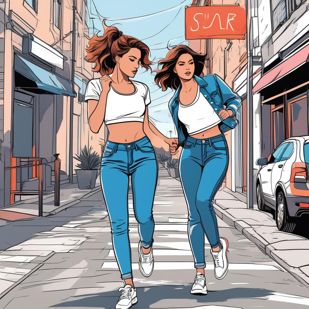  line art drawing two girls fighting punching and kicking each other in the street wearing crop tops and jeans. professional, sleek, modern, minimalist, graphic, line art, vector graphics