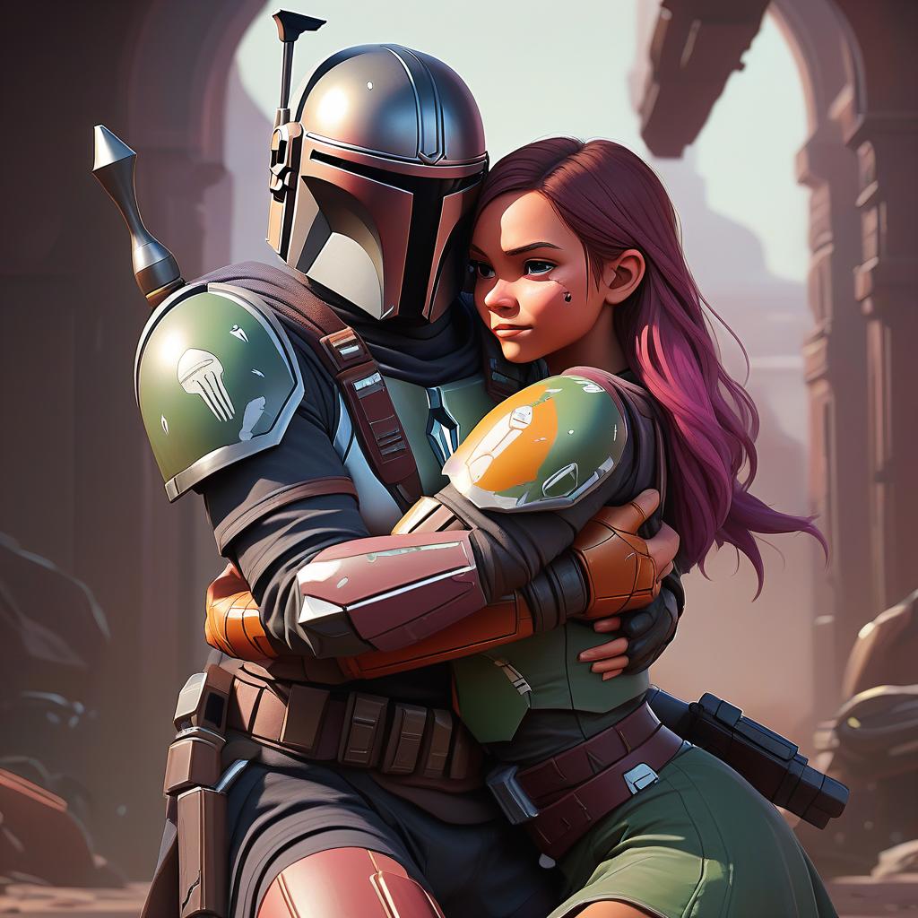  fighting game style mandalorian and girl hugging. . dynamic, vibrant, action packed, detailed character design, reminiscent of fighting video games