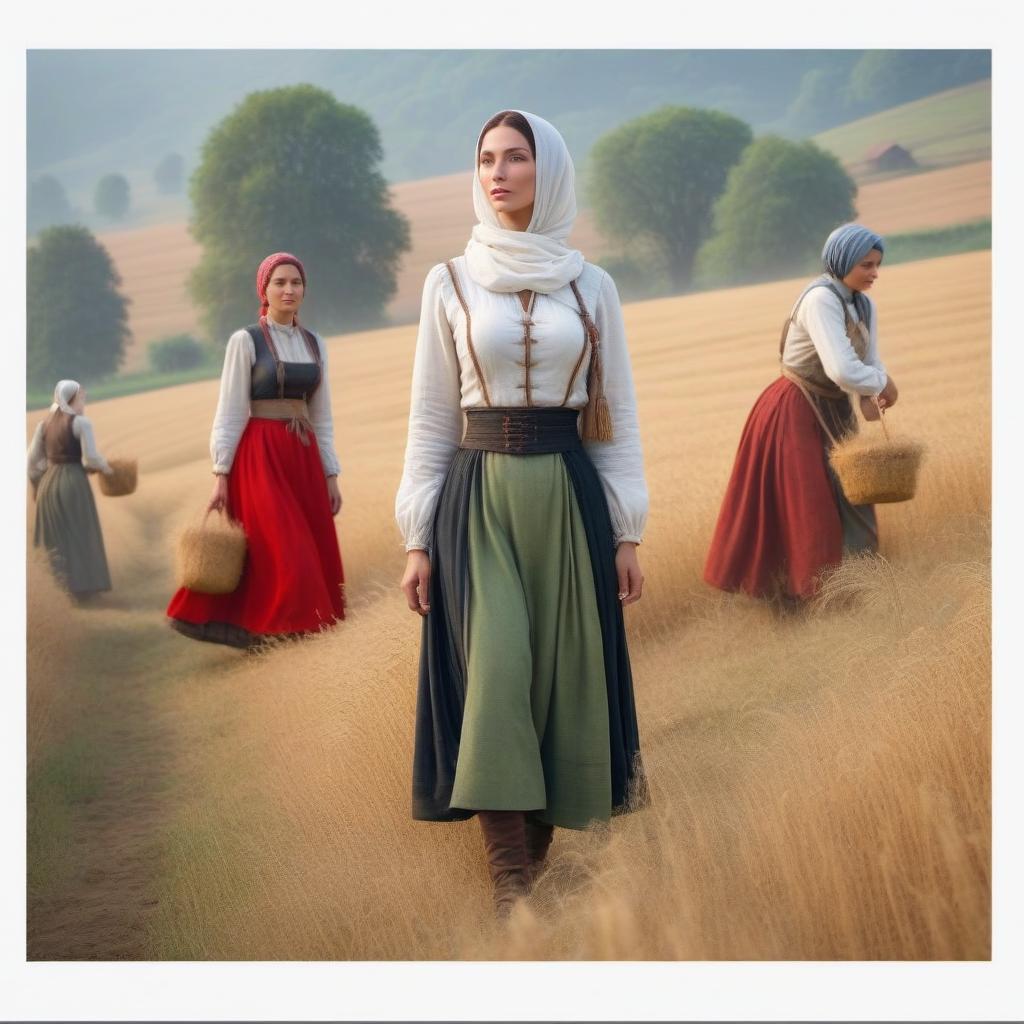  Peasant women in the field hyperrealistic, full body, detailed clothing, highly detailed, cinematic lighting, stunningly beautiful, intricate, sharp focus, f/1. 8, 85mm, (centered image composition), (professionally color graded), ((bright soft diffused light)), volumetric fog, trending on instagram, trending on tumblr, HDR 4K, 8K