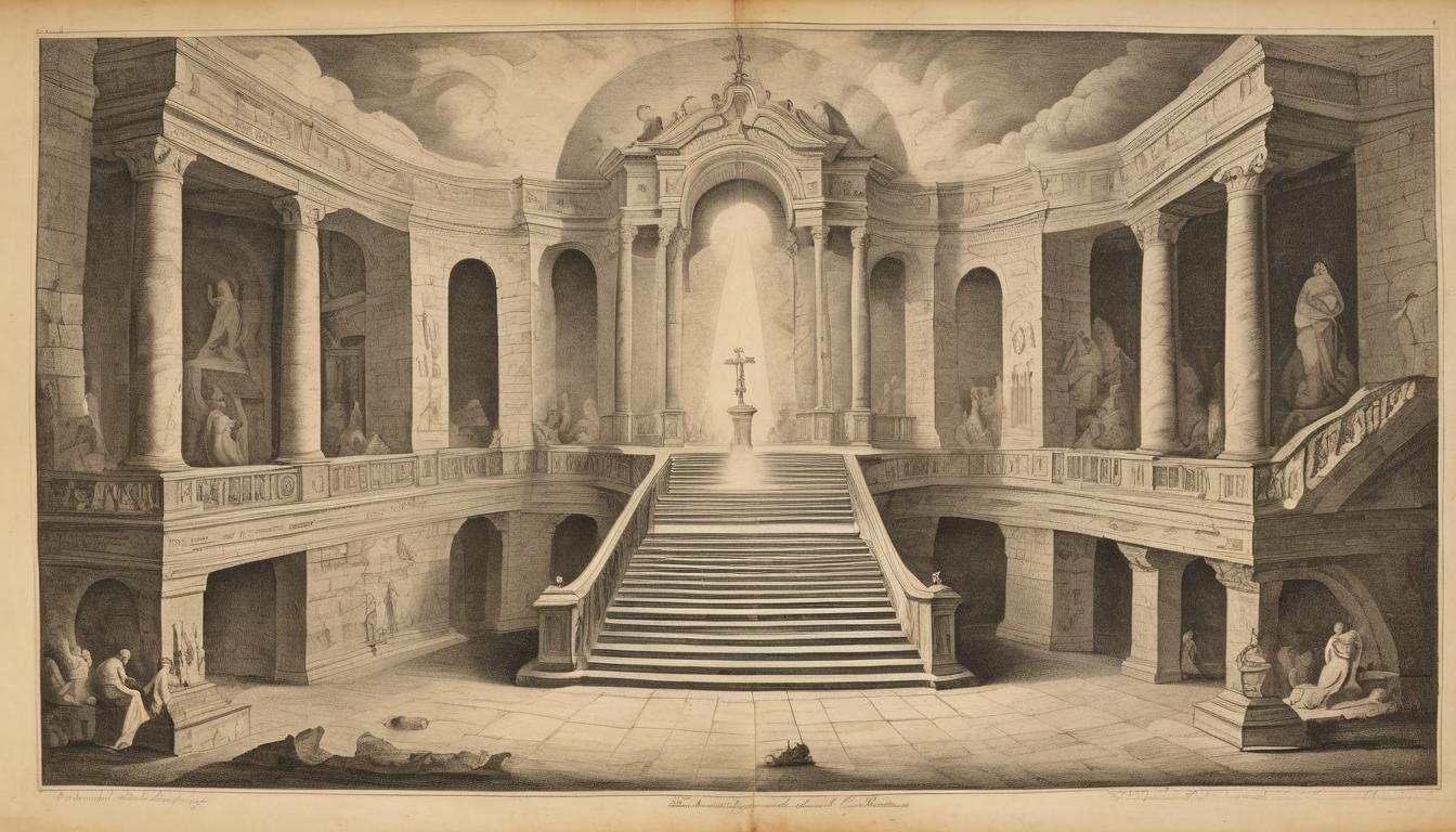  on parchment, surrealism++, a grand staircase, leading to an open, divine light at the top, symbolizing service, ascension, dedication(mysterious, provocative, symbolic)++