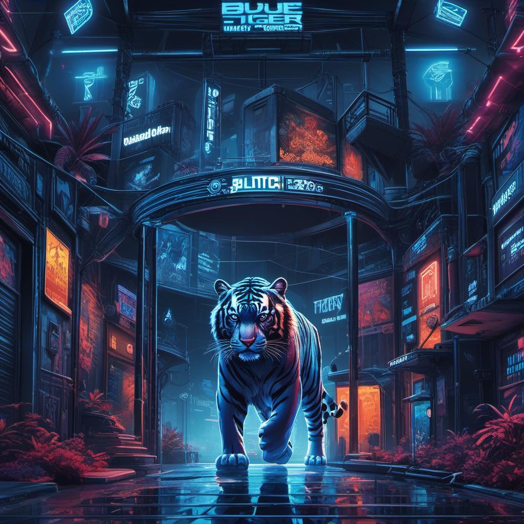  blue tiger at a nightclub, cyberpunk style