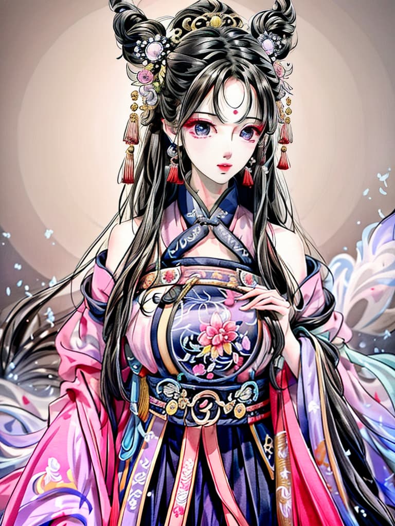  shukezouma, negative space, , shuimobysim ,traditional chinese ink painting， , hanfu, big sleeved ancient costume, black emission, pink eyes, temperament, long , hairpin, high definition, realistic, details hyperrealistic, full body, detailed clothing, highly detailed, cinematic lighting, stunningly beautiful, intricate, sharp focus, f/1. 8, 85mm, (centered image composition), (professionally color graded), ((bright soft diffused light)), volumetric fog, trending on instagram, trending on tumblr, HDR 4K, 8K