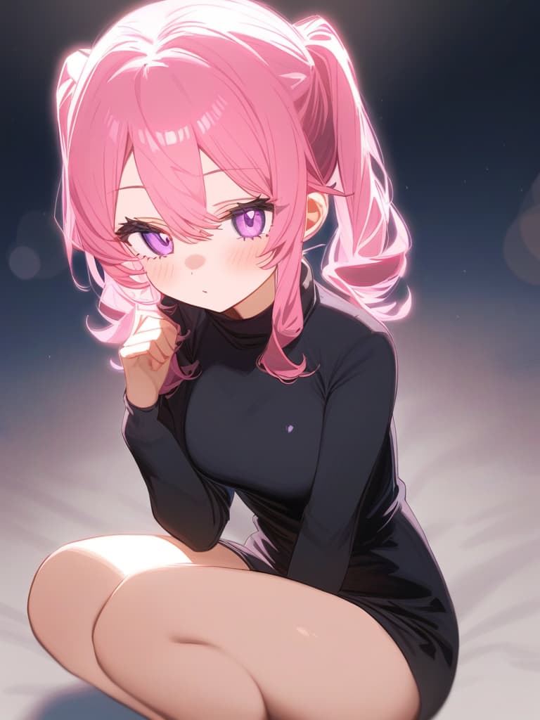  purpleeyes, girl, cute, pinkhair, twintail, wholebody, blackonepiece