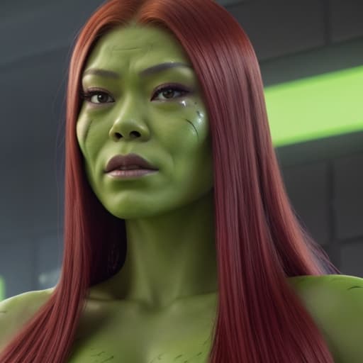  (Jennie Kim) a close up of a woman with red hair and green makeup, gamora, zendaya as she-hulk, zoe saldana, green skinned, in avengers movie, still from marvel movie, beautiful android woman, from guardians of the galaxy, marvel movie still, beautiful crying! android woman, she - hulk, skin painted with green, from a marvel movie, green skin