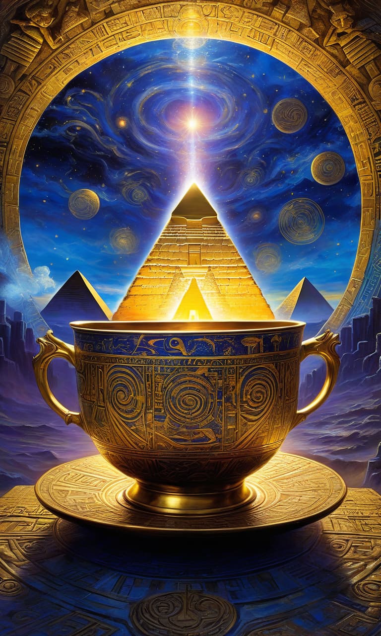  digital image with (double exposure). (far background: 1,3). unreal mystical tea cup (with tea: 1,3), neon lit, decorated with ancient egyptian hieroglyphics and symbols. sparkling metallic, surrounded by swirling patterns of gold and lapis lazuli. glows in (complex swirls: 1,3) of soft, ethereal light, vaporised. background: (complex ornamental), surrealistic abstraction with elements and attributes of ancient egyptian civilisation, sunset over pyramids, patterns, hieroglyphs. an atmosphere of mysticism and wonder, art nouveau, patterning, fairy tale, fantasy, decorative, stylisation. in the manner of works by james christensen, andrew jones, fragonard, stéphane martinier, van gogh. high quality and detail.