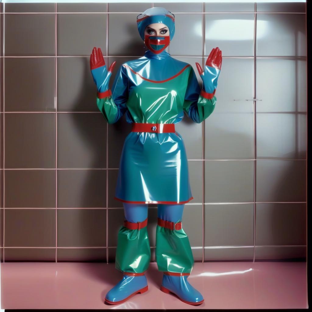  "hyperdetalisation, woman, mistress surgeon, in dressed three color surgical suit, made of glossy latex, standing alone, full length, front view, full face, dressed in, surgical gown, knee length, with elastic waistband, long sleeves, with elastic cuffs, upper part of surgical gown, (from collar to waist), glossy latex dark green, belt at waist, glossy latex red, lower part of surgical gown, (from hem to waist), glossy latex dark blue, in the center of the surgical gown there is an emblem in the form of surgical forceps "burdizzo", upper part of sleeve, (from shoulder to elbow), glossy latex dark blue, lower part of sleeve, (from elbow to cuff), glossy latex dark green, cuffs on sleeve, glossy latex red, (bib with collar), made of glossy d