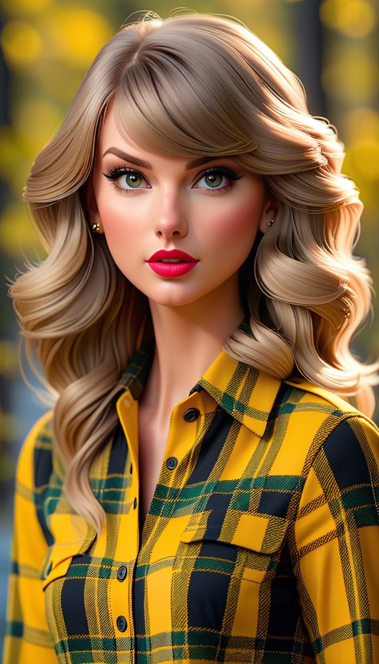  professional 3d model of taylor swift wearing black and yellow plaid . rendered with octane, the model is highly detailed,dramatic lighting. hyperrealistic, full body, detailed clothing, highly detailed, cinematic lighting, stunningly beautiful, intricate, sharp focus, f/1. 8, 85mm, (centered image composition), (professionally color graded), ((bright soft diffused light)), volumetric fog, trending on instagram, trending on tumblr, HDR 4K, 8K