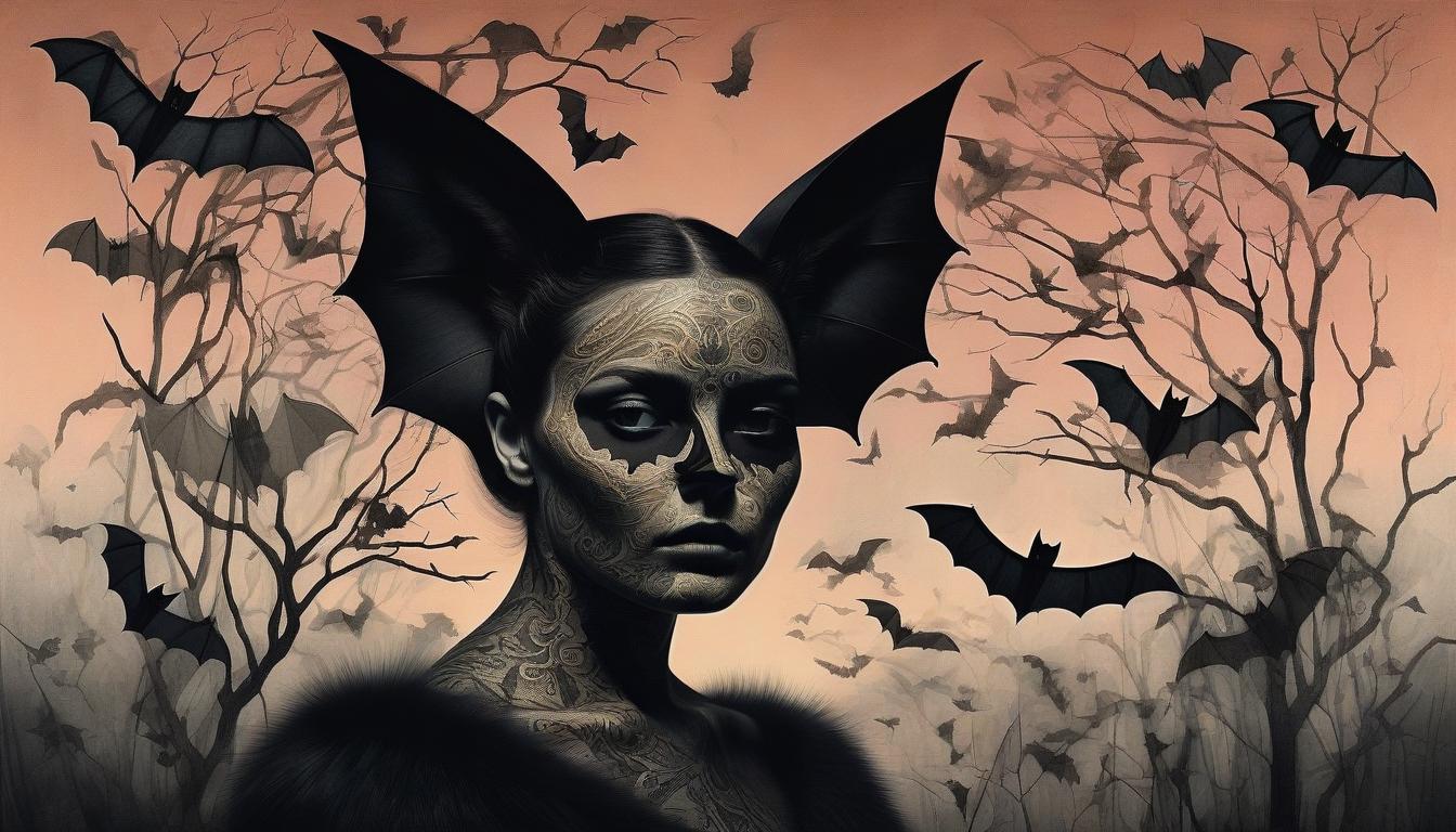  macabre style (acrylic drawing, double exposure:1.4). a multi layered digital artwork depicting a woman, a cat and a bat in various textures and colors. the surreal composition showcases the talents of artists such as salvador dali, frida kahlo and hieronymus bosch. the woman is depicted with intricate details inspired by gustav klimt's golden paintings, while the cat has a soft pastel fur texture reminiscent of henri rousseau's jungle scenes. "the bat" adds an eerie element with its dark tones and sharp edges, as in the works of francisco goya. this work will undoubtedly enchant the audience with its unique combination of styles and elements. . dark, gothic, grim, haunting, highly detailed