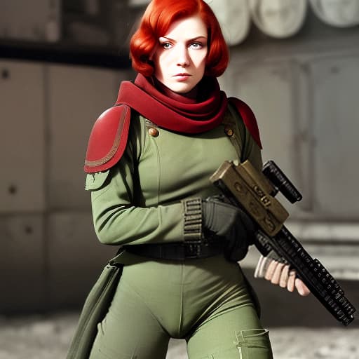  a , an imperial guard soldier from warhammer 40,000. she has short, red hair and green eyes, dynamic, action packed, thrilling, by neil leifer, walter iooss jr., bob martin, eadweard muybridge, robert capa