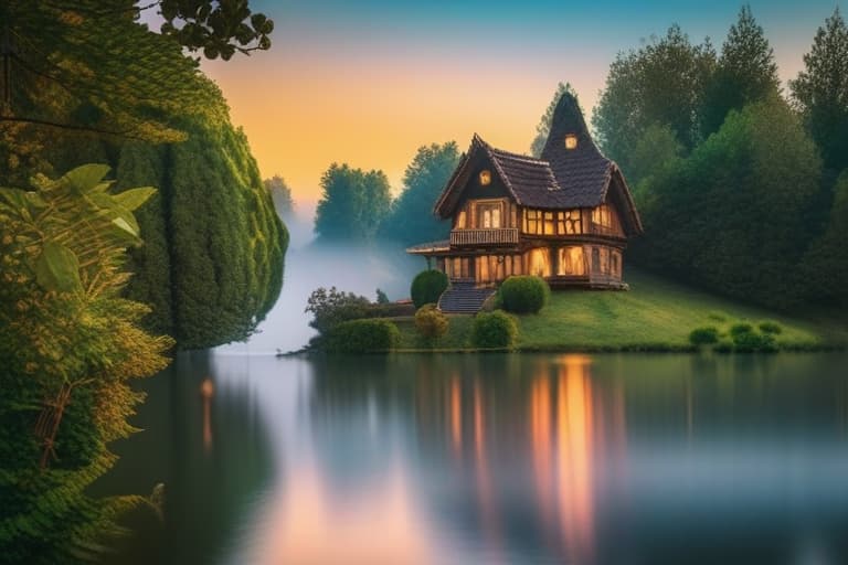  house on the tree near the lake hyperrealistic, full body, detailed clothing, highly detailed, cinematic lighting, stunningly beautiful, intricate, sharp focus, f/1. 8, 85mm, (centered image composition), (professionally color graded), ((bright soft diffused light)), volumetric fog, trending on instagram, trending on tumblr, HDR 4K, 8K