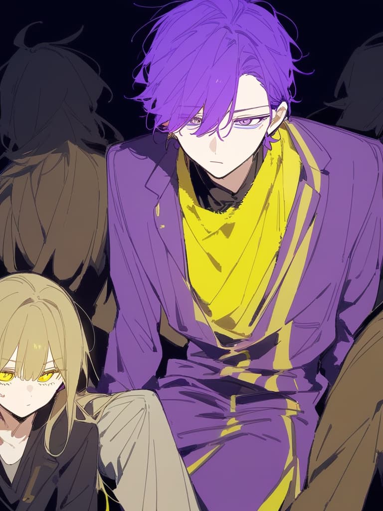  masterpiece,{(grunge splats ),(flat color)},(((a slender male: 1.7,western gunman: 1.3))),purple hair,(((handsome))),(((western attire))),(((shaggy bangs worn deep in eyes: 1.5))),(((purple and yellow limited two tone color))),high quality