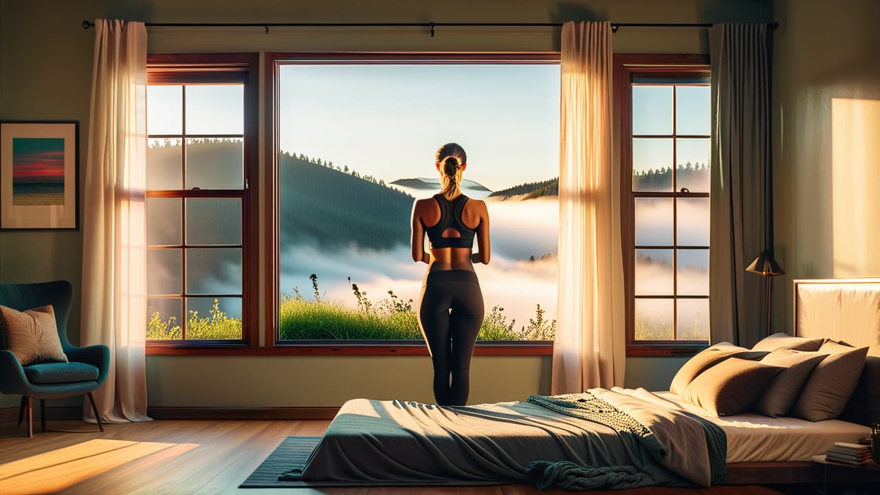  a serene sunrise over a peaceful bedroom, featuring a cozy bed, a journal open to a blank page, a steaming cup of tea, and yoga mat rolled out beside a window with soft morning light. hyperrealistic, full body, detailed clothing, highly detailed, cinematic lighting, stunningly beautiful, intricate, sharp focus, f/1. 8, 85mm, (centered image composition), (professionally color graded), ((bright soft diffused light)), volumetric fog, trending on instagram, trending on tumblr, HDR 4K, 8K